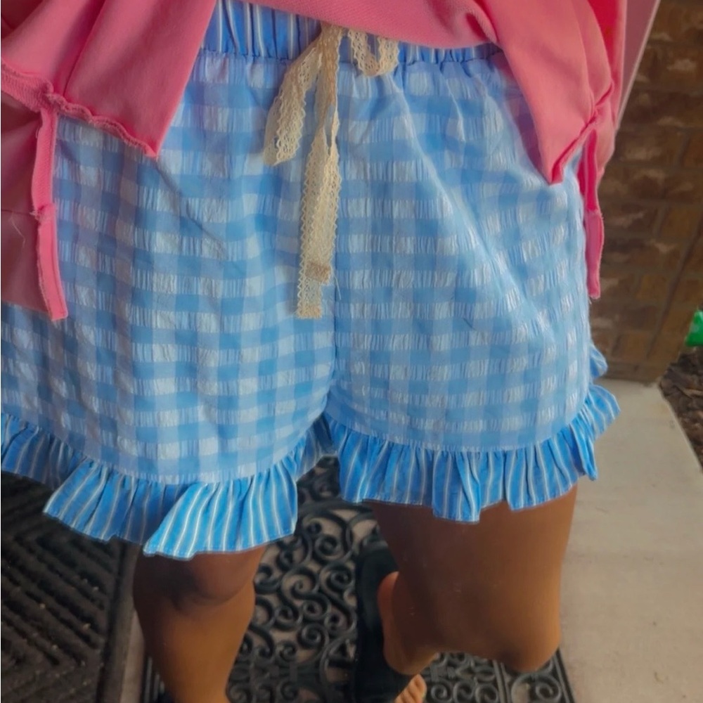 Blue Gingham Ruffle-Trim Shorts - Picture 2 of 5